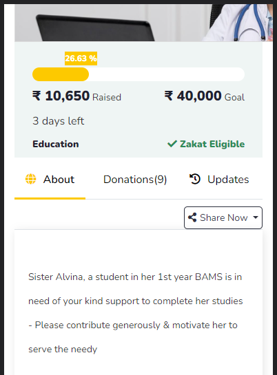 Sister Alvina aspires to become an efficient medical practitioner and cure the most vulnerable section of our community. Please contribute with whatever you can. May Allah make it easy for us to donate wholeheartedly.
Only 3 days left. Please donate.
indiazakat.com/Campaign/11976