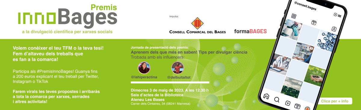 icscatcentral's tweet photo. 📢ATENCIÓ! Ja pots presentar la teva proposta als #PremisInnobages a la divulgació científica per xarxes socials. Podràs guanyar fins a 200€, fer-la viral a les xarxes i dur a terme xerrades o tallers per tota la comarca!
Més informació👇
https://t.co/Tb2kaoxTmw
@consellbages https://t.co/mKjiyQk7Hp