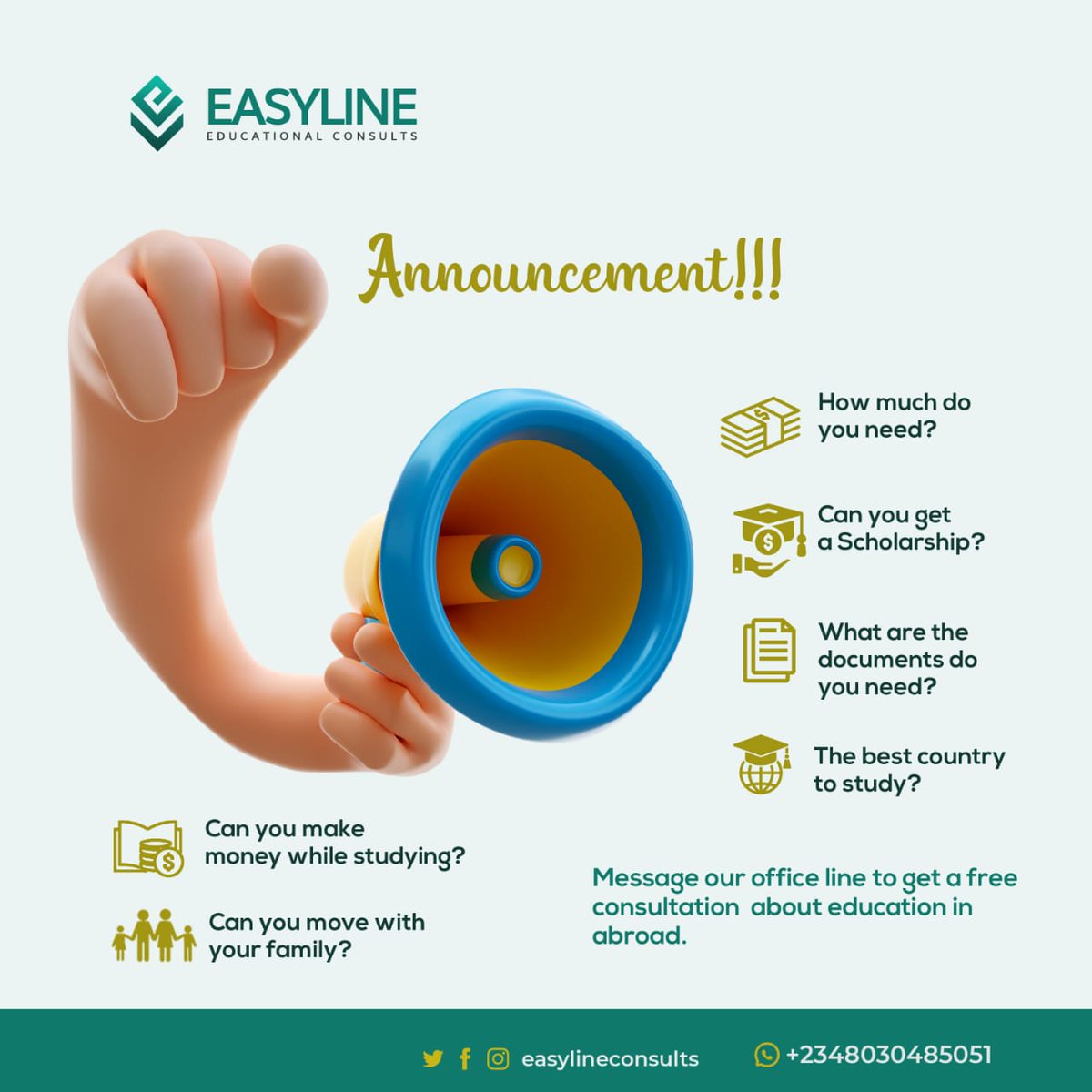 Easylineconsult's tweet photo. @Cherrychristie2 We are pleased to offer a free consultation service to provide valuable information regarding education abroad.

To avail of this service, kindly send a message to us on IG https://t.co/0ttgaI2L30 or  WhatsApp us @ +234 803 048 5051.

Thank you for considering our services. https://t.co/vJzU7LOg49