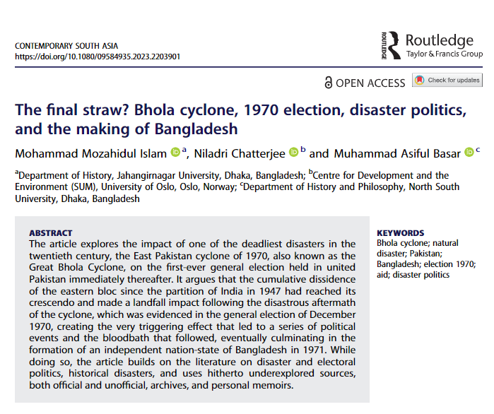 IOBUA's tweet photo. New #openaccess article in Contemporary South Asia by IOB PhD candidate @basar_asif, co-authored with Mohammad Mozahidul Islam & @niladri4u:
The final straw? Bhola cyclone, 1970 election, disaster politics, and the making of #Bangladesh
https://t.co/Yl6RJt2NHo
#bholacyclone https://t.co/RyQ3W2uBxQ