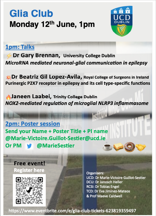 Oyez! Oyez! Glia and Neuroinflammation enthusiasts, mark your calendars for the return of the Dublin cross-university Glia Club! 12/06 1pm UCD.
With for the very first time a POSTER SESSION!
No matter your career stage, send your poster titles to me & register via eventbright✌️