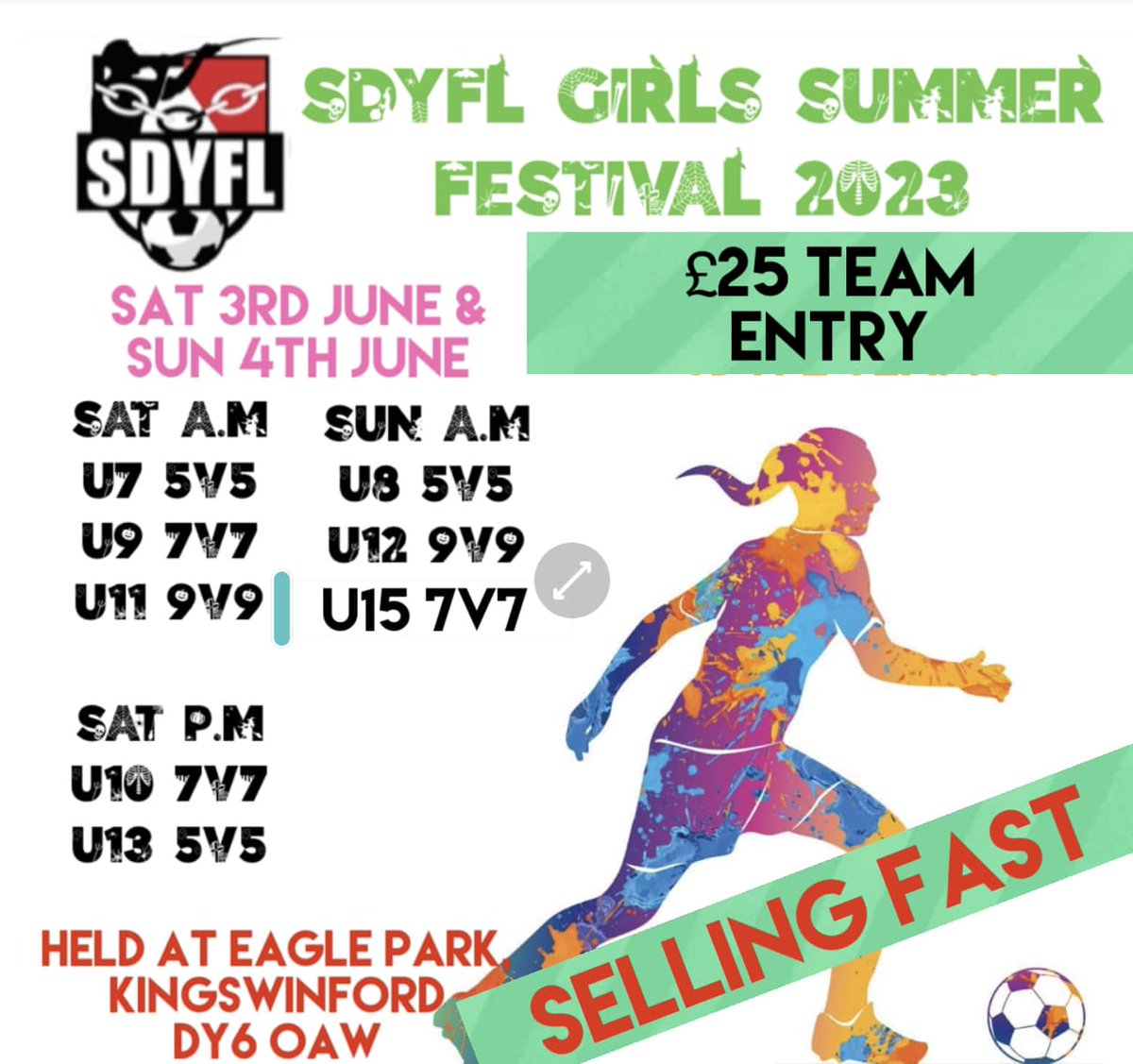 SDYFL Girls League Tournament
Open to all leagues.
Limited spaces now across all ages.
Book your space now using the link below.

Look forward to seeing you there
SDYFL

docs.google.com…/1FAIpQLSeDSaWqpcDxKADKGm…/viewform