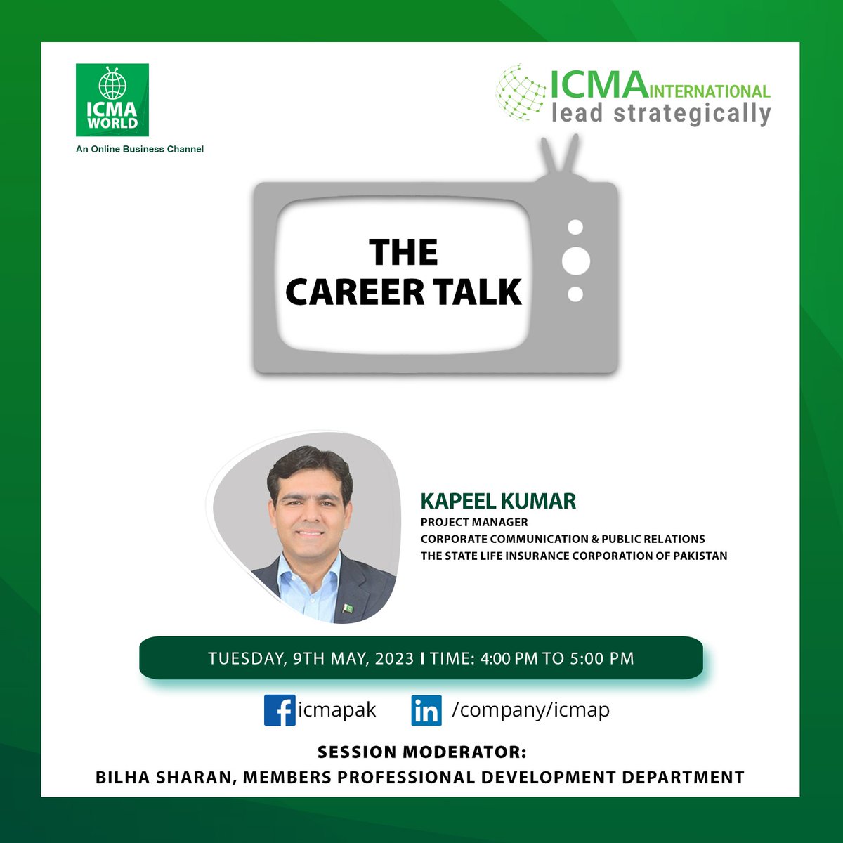 icmapdotpk's tweet photo. Join ICMA for a live session on “Career Talk" by Industry Expert on May, 9th 2023 (Tuesday) from 04 PM – 05 PM on Facebook Live view: https://t.co/1GfDg6E8BV
#Facebooklive #CareerTalk #ExpertAdvice #CorporateLeader #HRHeads #PersonalandProfessionalDevelopment https://t.co/wbFrevouej