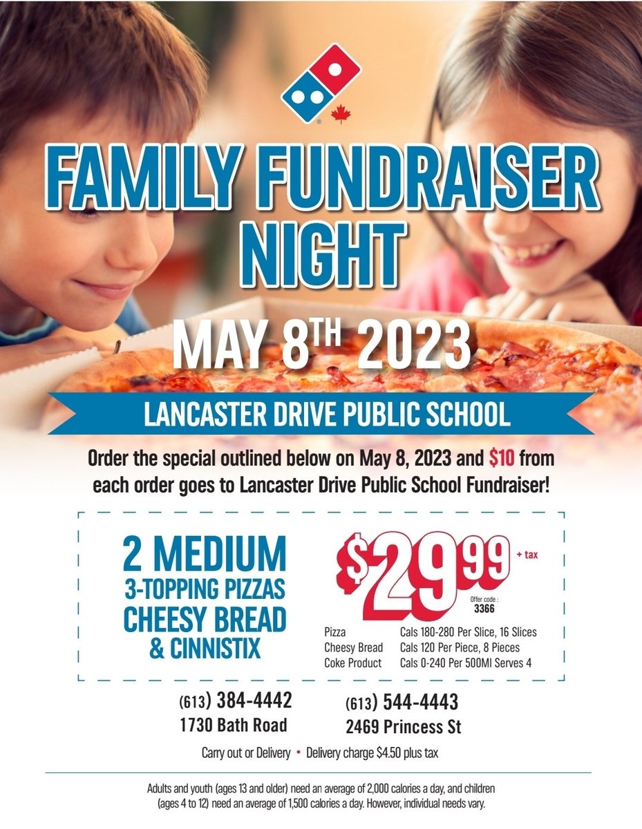 BrainyBunch2s's tweet photo. Do you love pizza? 🍕 
Well, tonight is the night! Order from one of Domino's west end locations and provide the offer code 3️⃣3️⃣6️⃣6️⃣. $10 from your order will be given to our school @LancasterPSLDSB. Thank you for your support.  😋🍕 https://t.co/O1axG8V5p6