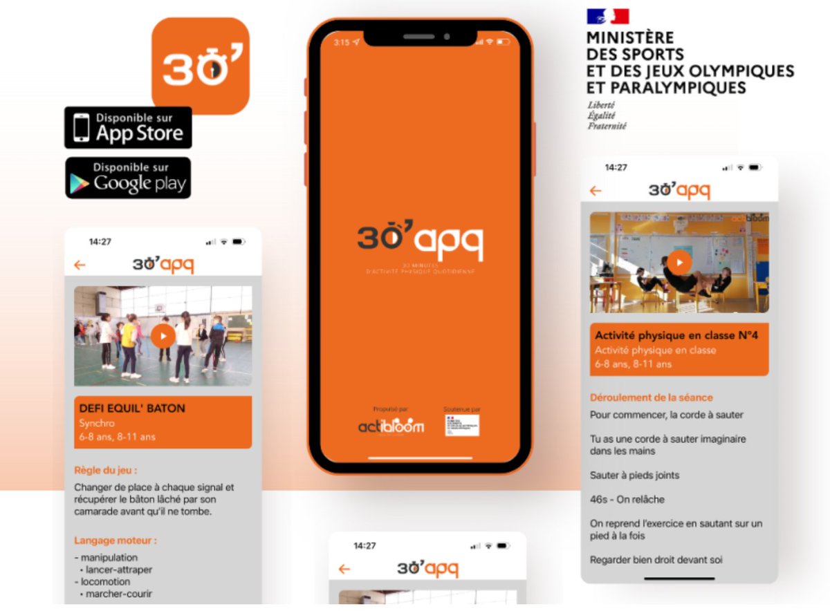 Bravo !! Le dispositif 30 minutes d'#ActivitéPhysique quotidienne à l'école lancé en septembre 2020 a enfin son application mobile : #30’apq développée par <a href="/Actibloom/">Actibloom</a>, en partenariat avec <a href="/Sports_gouv/">Ministère des Sports 🇫🇷</a>.