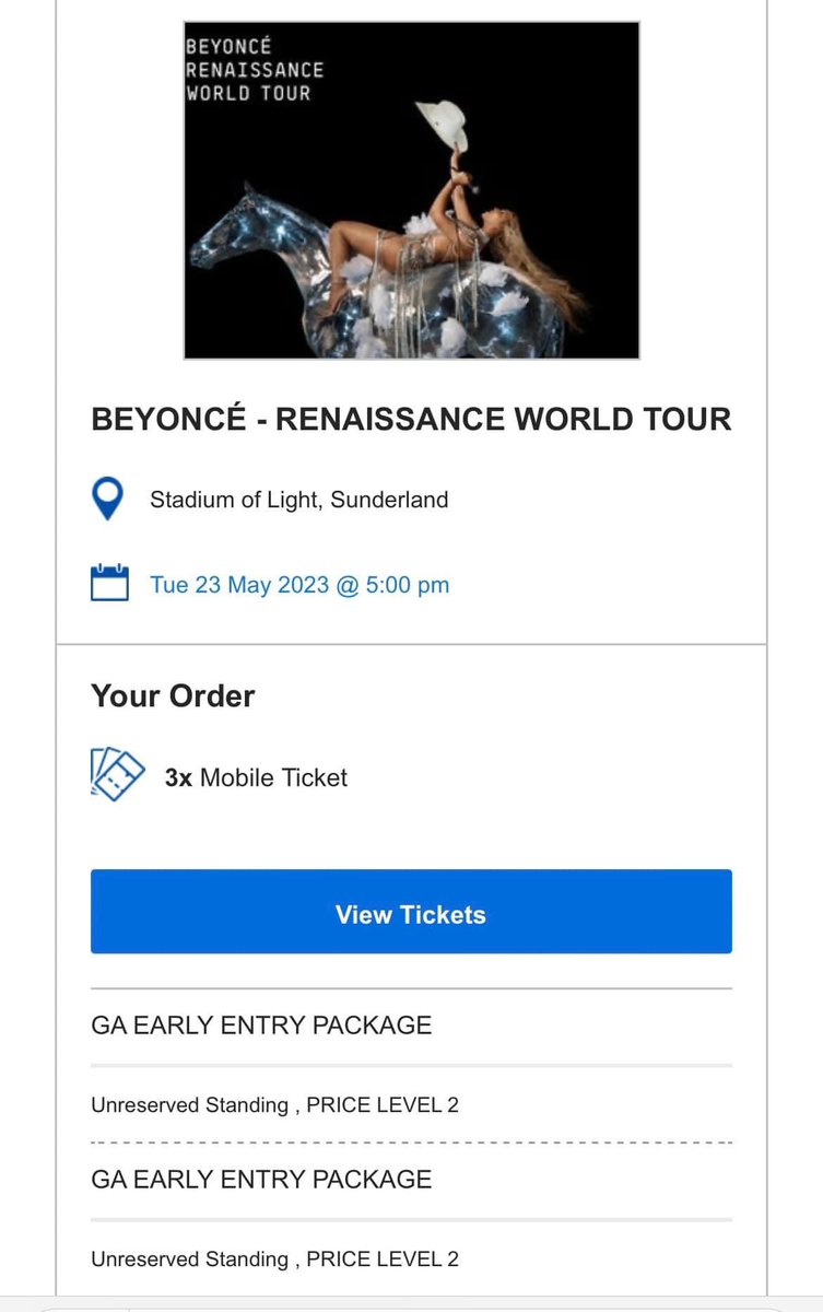 daisy__gillin's tweet photo. Selling 3x unreserved standing tickets early entry Beyonce tickets for Sunderland 23rd May. Selling for what I paid. #beyoncetickets #BeyonceRenaissanceTour #Beyonce https://t.co/JUc5TxTFKk