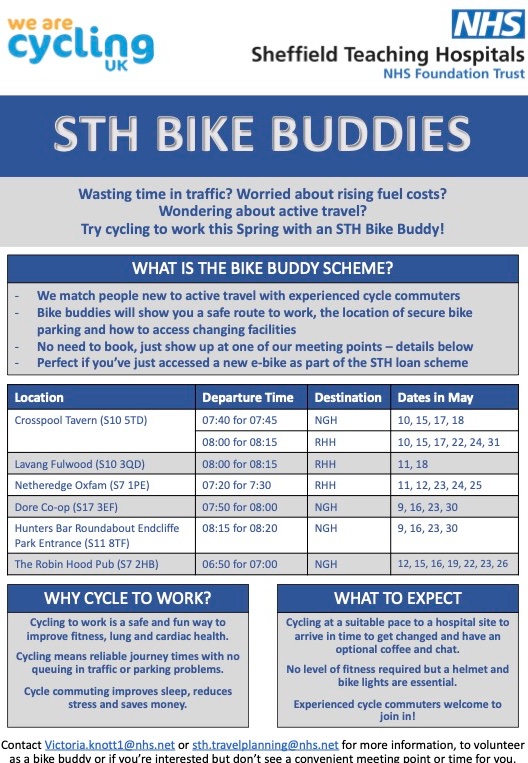 Thinking of switching to an active commute this May but worried about where to start? Join one of our Bike Buddies on a supported ride to work at STH! <a href="/AndyDouglasGP/">Andrew Douglas</a> <a href="/movemoresheff/">Move More Sheffield</a> <a href="/CyclingInASkirt/">CyclingInASkirt</a> <a href="/WeAreCyclingUK/">Cycling UK</a> <a href="/CECruikshanks/">Claire Cruikshanks</a> <a href="/JoMaher8/">Dr Jo Maher NHS GP</a> <a href="/SheffieldHosp/">Sheffield Hospitals</a> <a href="/olivercoppard/">Oliver Coppard</a> @PPushbike