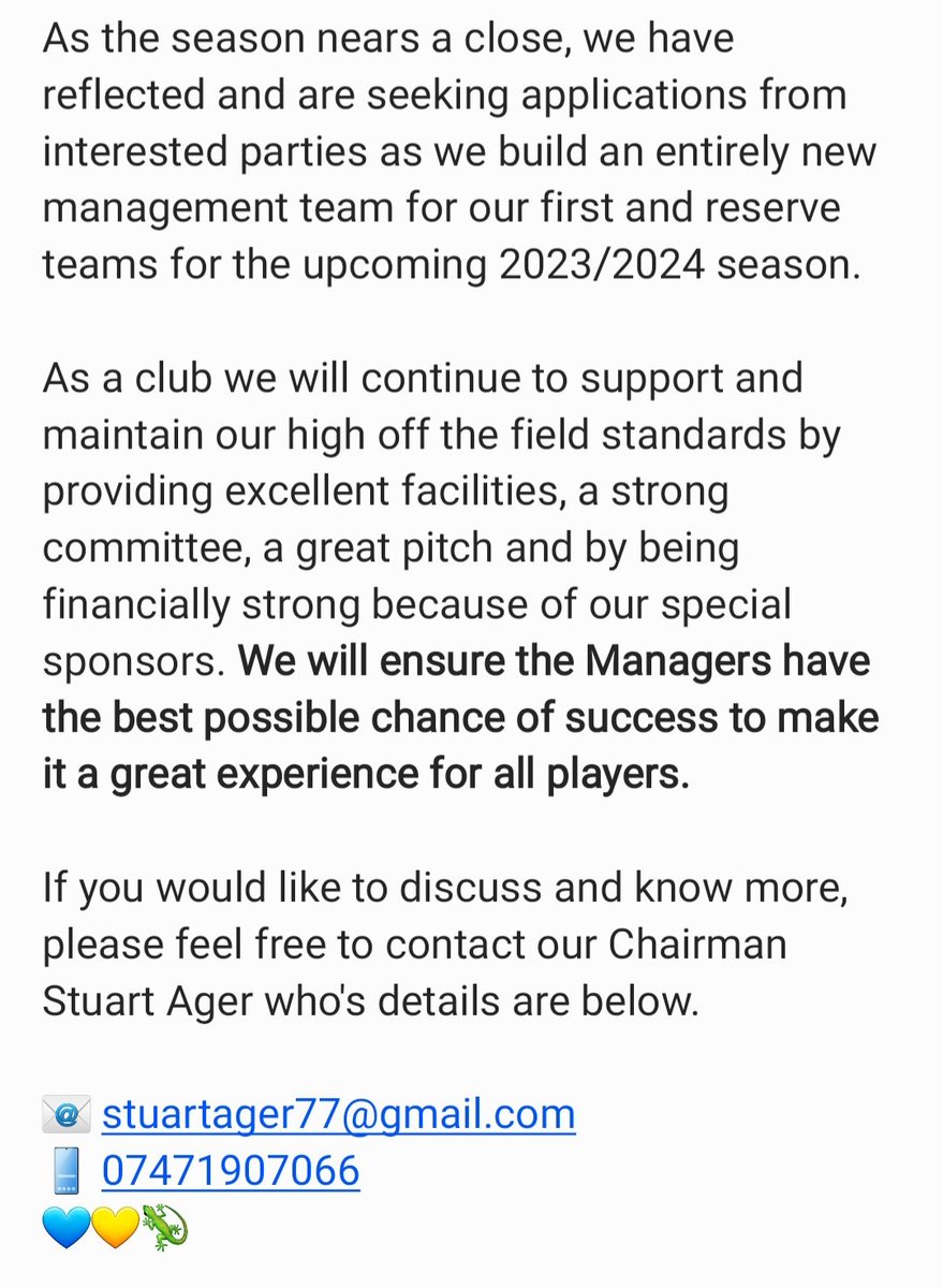OldNewtonUnited's tweet photo. A great opportunity for the right people....we have the foundations and if you are an ambitious Manager then speak to us about joining our special club 💙💛🦎 https://t.co/TVm9DnlhVV
