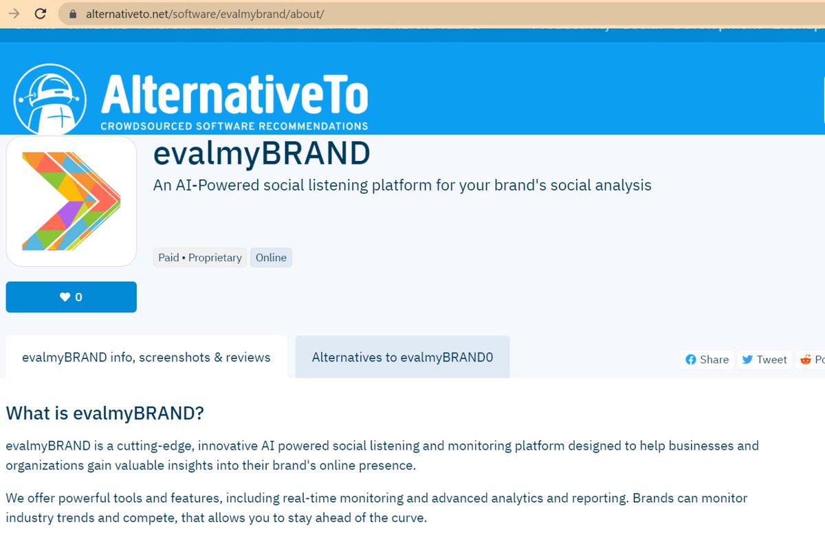 We're excited to announce that @evalmyBRAND  has been listed on AlternativeTo.

Let's take your brand to the next level together! 

Follow @evalmyBRAND 

#sociallistening #mentions #marketresearch #socialanalytics #sociallistening #brandmanagement #onlinepresence