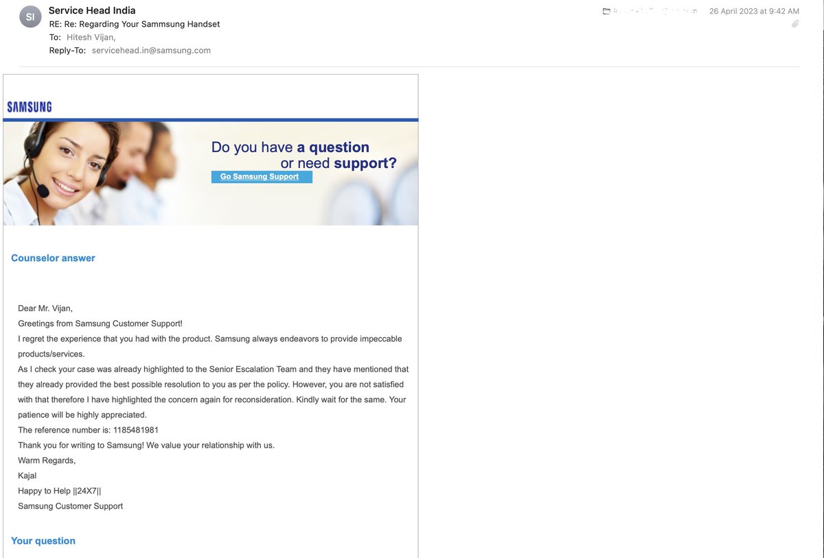 hvijan's tweet photo. new development, @SamsungIndia @Samsung
claims to have closed the complaint , then sends another mail asking to wait, and the ONLY person incharge of the complaint in the entire company is never available .#tech #fail #neveragain #apple #samsung #mobile https://t.co/mESyZ9Ta4Y