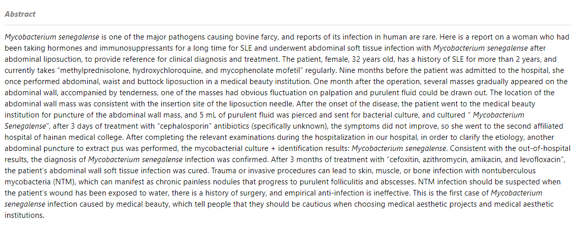 CnTropMed's tweet image. 'A case report of infection of &amp;lt;i&amp;gt;#Mycobacterium senegalense&amp;lt;/i&amp;gt; after abdominal liposuction' an article on #ScienceOpen: scienceopen.com/document?vid=c…
