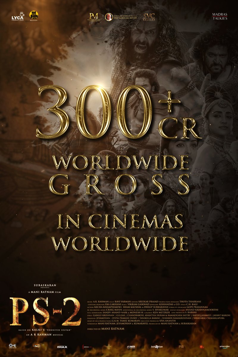 #PS2 continues conquering the box office worldwide with a 300 crore+ collection! Book your tickets now 🔗 m.paytm.me/m_ps2 bookmy.show/Ponninyin-Selv… #PS2Blockbuster #CholasAreBack #PonniyinSelvan2 @arrahman @LycaProductions @RedGiantMovies_ @Tipsofficial @tipsmusicsouth…