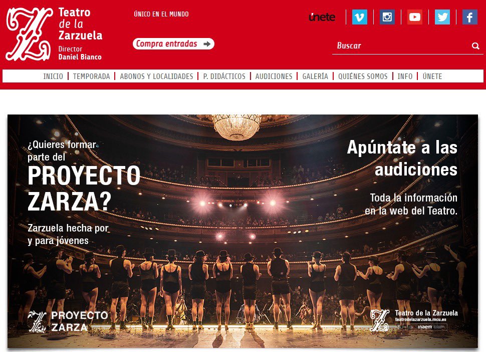 📌El jueves 11 FINALIZA el plazo para participar en el proceso de selección del elenco que participará en el #ProyectoZarza en la Temporada 2023-2024.

Info y formulario de inscripación en este enlace de la Web: teatrodelazarzuela.mcu.es/es/audiciones/…

<a href="/INAEM_Cultura/">INAEM</a>