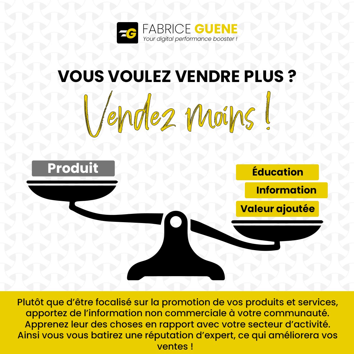 fabrice_guene's tweet photo. Vous voulez vendre plus ? Vendez moins ! Publiez autre chose que des publicités  commerciales. Apportez de la vraie valeur ajoutée à votre audience. Elle vous fera alors confiance et achètera plus facilement avec vous.
#marketing #contentmarketing #socialmedia #commercial https://t.co/YQapz6EhPs