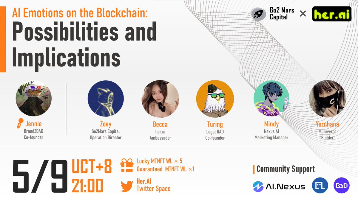 🤖👩‍❤‍👨Mars AMA with @zoeyyars @wenxinShi2 @CCshlaly <a href="/xbaecca/">Becca贝卡酱🎀</a> <a href="/jenniekusu/">jenniekusu 🇬🇧</a> <a href="/AINexusOfficial/">Nexus AI</a> 

📻AI Emotions on the #blockchain : Possibilities and Implications

⏰21:00 UCT+8, May 9th

📡Set a Reminder: x.com/i/spaces/1jMKg…

🎁Finish Task to Win👇