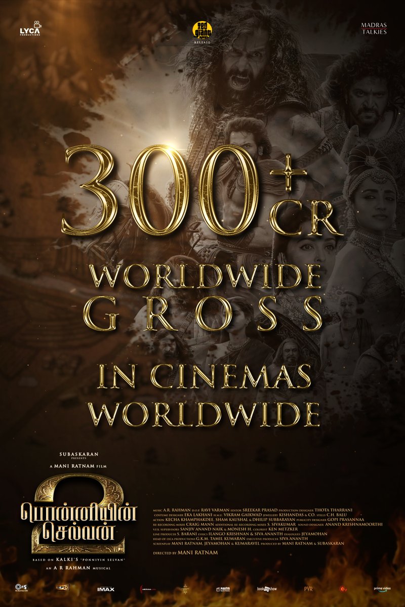 LycaProductions's tweet photo. #PS2 continues conquering the box office worldwide with a 300 crore+ collection!

Book your tickets now
🔗 https://t.co/Me5MBRaspe
https://t.co/RcKQHCG34K

#PS2Blockbuster #CholasAreBack
#PS2 #PonniyinSelvan2 @arrahman @madrastalkies_ @LycaProductions @RedGiantMovies_ @Tipsofficial @tipsmusicsouth @IMAX @primevideoIN @SunTV #PenMarudhar @SVC_official @GokulamMovies @film_dn_

@chiyaan @actor_jayamravi @Karthi_Offl #AishwaryaRaiBachchan @realsarathkumar @trishtrashers #AishwaryaLekshmi #SobhitaDhulipala | Prabhu | Jayaram | @prakashraaj | Jayachitra | @actorrahman @iamvikramprabhu @LalDirector @rparthiepan | Riyaz Khan | @dop_ravivarman | Thota Tharrani | @sreekar_prasad @jeyamohanwriter @bagapath @ekalakhani | Vikram Gaikwad | @KishanDasandCo | Kumaravel | @gopiprasannaa @mdeii @johnsoncinepro | Suresh Permal | Karthik Sekaran |@NakulAbhyankar | Aravind Crescendo | #RiyasdeenRiyan | The Glassbox | @gobeatroute