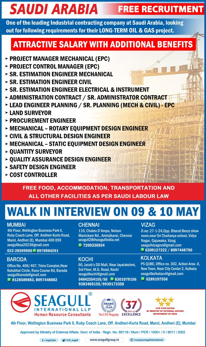 hrd1_seagull's tweet photo. KSA Jobs - FREE RECRUITMENT

LONG TERM PROJECT

WALK IN INTERVIEW ON 09 &amp; 10 MAY 2023

.

.

.

#oilandgasjobs #gulfjobs #saudijobs #gulfjobs #projectmanager #estimationengineer #landsurveyor #costcontroller #quantitysurveyor #procurementengineer #mumbaijobs https://t.co/XidKVFdIGj
