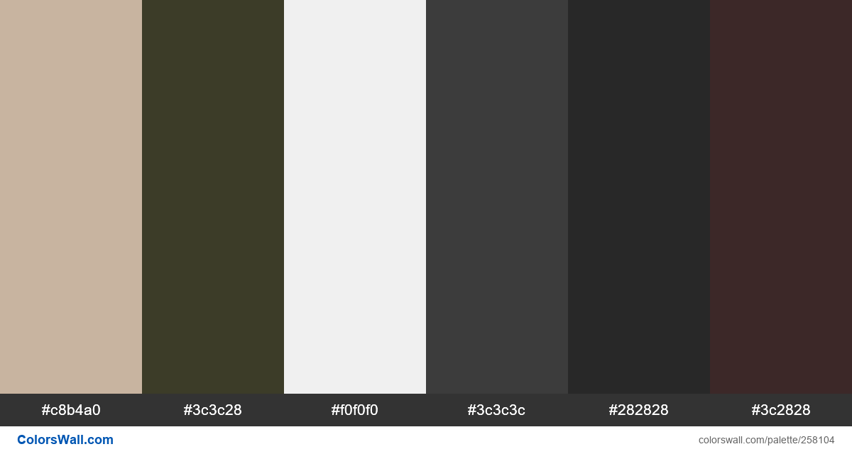 colorswall's tweet image. Fintech logo letter ecommerce colors palette #c8b4a0, #3c3c28, #f0f0f0, #3c3c3c, #282828, #3c2828 #colors #palette colorswall.com/palette/258104