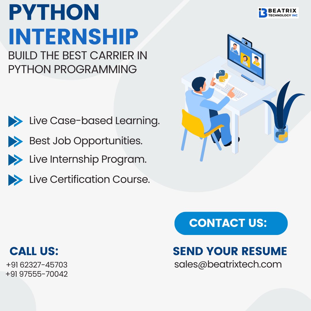 beatrixtech's tweet image. Ready to turn your passion for Python into a career? Our Python Internship program is the perfect way to gain hands-on experience and make valuable connections in the industry.
Send an email for registration to: sales@beatrixtech.com
Call:- +91 62327-45703
#PythonInternship