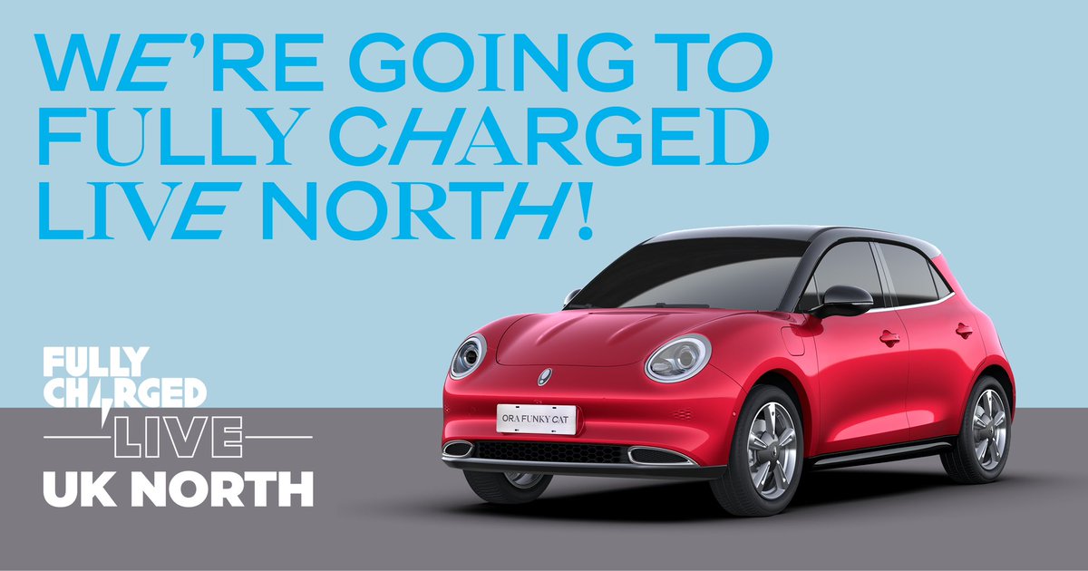 Heading to Fully Charged Live North? So are we ⚡️😊🕶️
 
Come see us in Harrogate from 19th - 21st May for one of the biggest EV events of the year.  Make sure to book an ORA Funky Cat test drive slot early, to beat the queues bit.ly/3oLlUvX

Can’t wait to meet you there!