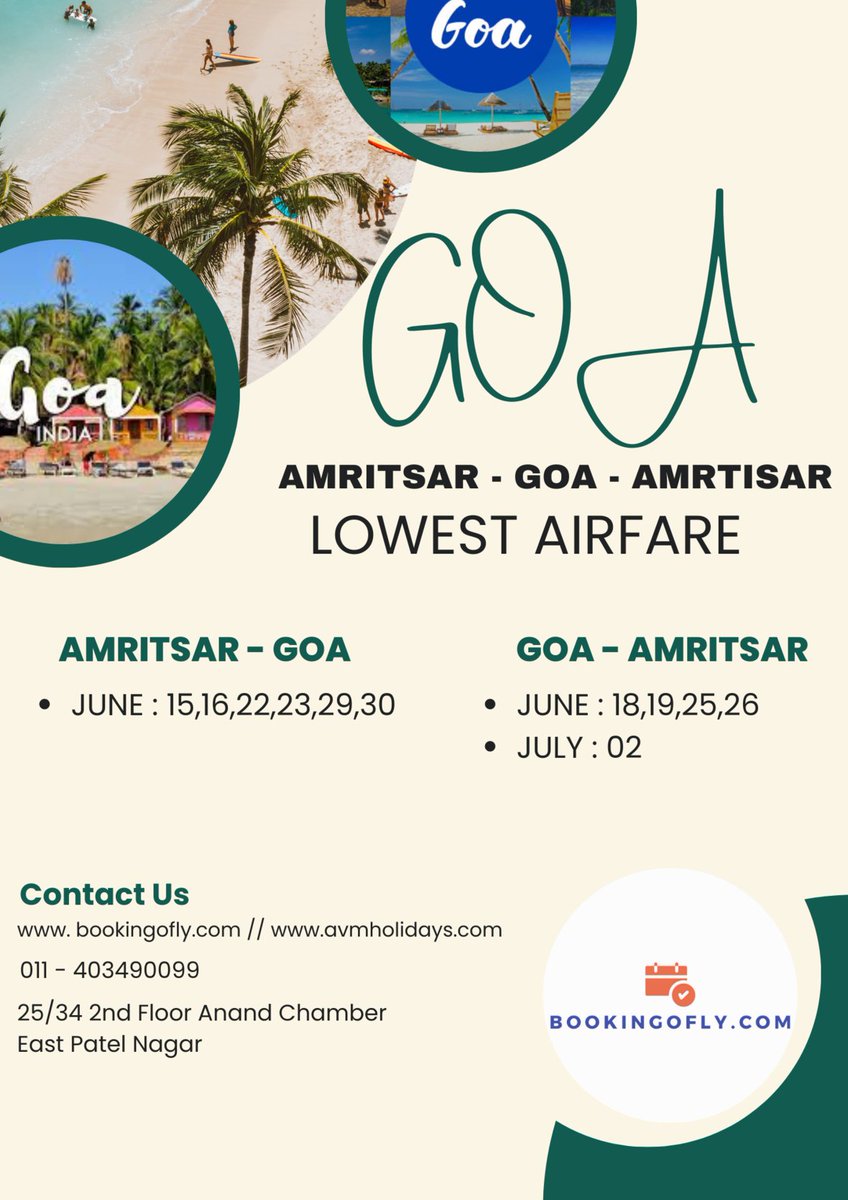 bookingofly's tweet photo. AMRITSAR GOA AMRITSAR One Way Airfare @ Rs 6500/- PP By https://t.co/fuOt2bCa2t https://t.co/IC6gqPAGmH call us - 011 40349099 Book B2B Lowest Airfare #travel #flight #airtickets #Airport #b2bagent #fixdepartures #goaairticket #TrendingNow #Trending #summer https://t.co/0WnHBCU6I7