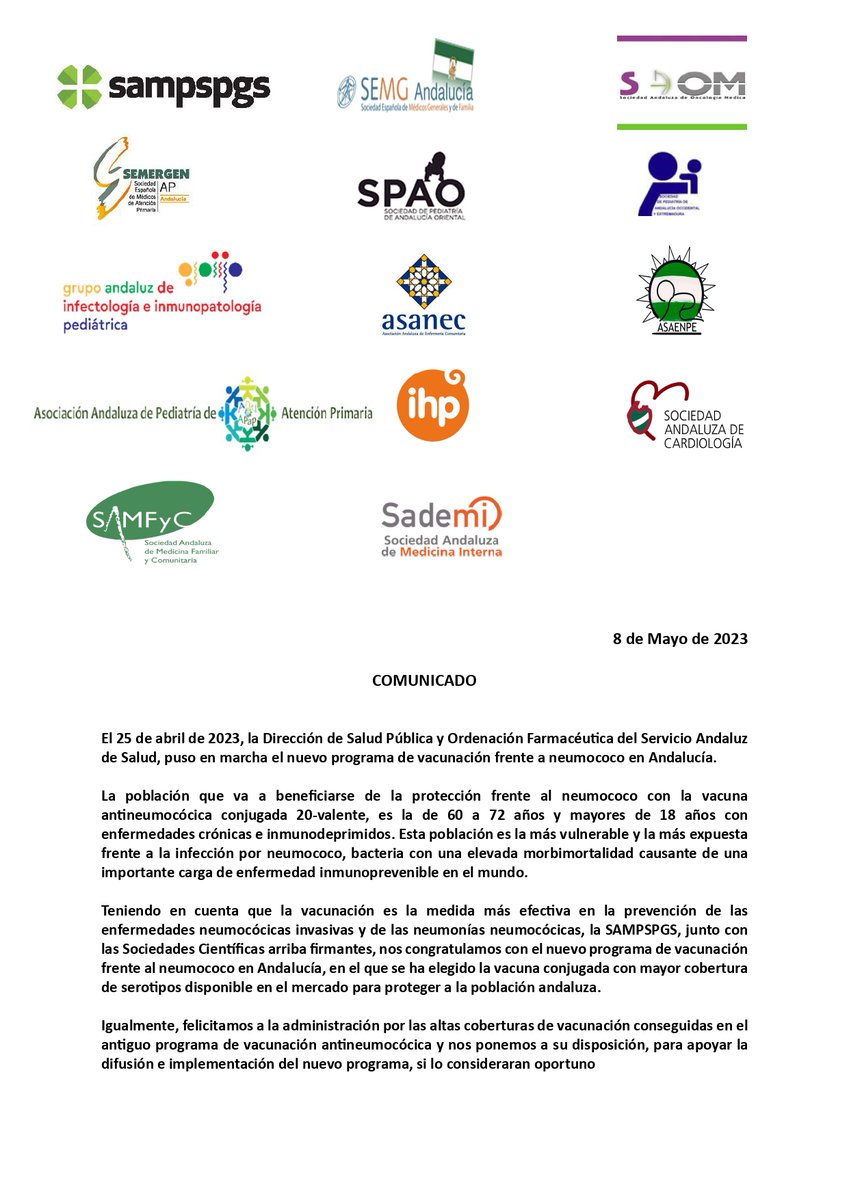 SAMPSP1's tweet photo. Comunicado relativo a la puesta en marcha el nuevo programa de vacunación frente a neumococo en Andalucía, desde la  Dirección de Salud Pública y Ordenación Farmacéutica del Servicio Andaluz de Salud.
--
#SaludPública #MedicinaPreventiva https://t.co/s26uy4jmCy