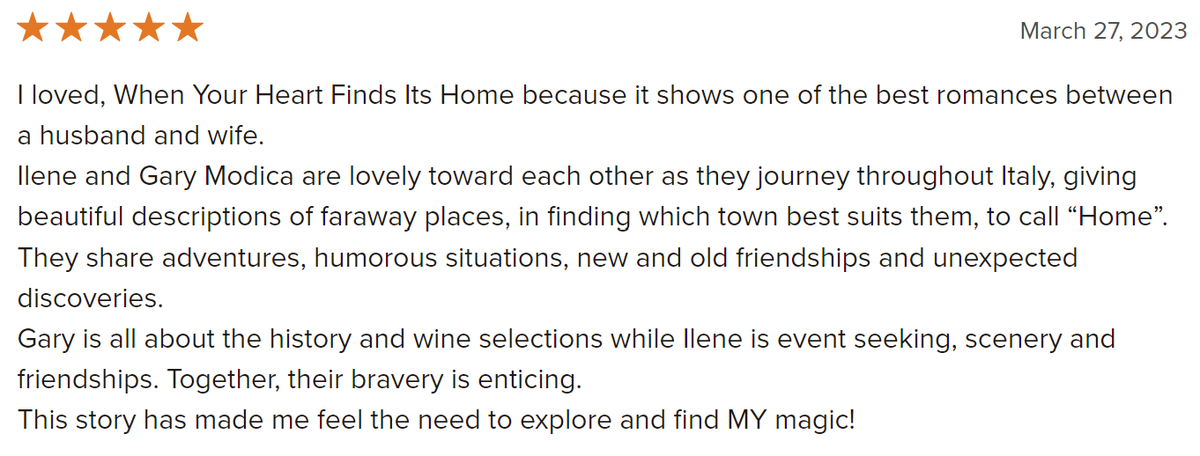 ModicaIlene's tweet photo. Thank you CV for the wonderful 5-star review! We appreciate written reviews as it helps with ranking!
https://t.co/XuD5vD2bLq
#modicabooks #goodreads #Review #5starreview #italy #memoir #Readers #Travel #reviews #traveling #ouritalianjourney 
@IleneModica https://t.co/ofa8pYarBR
