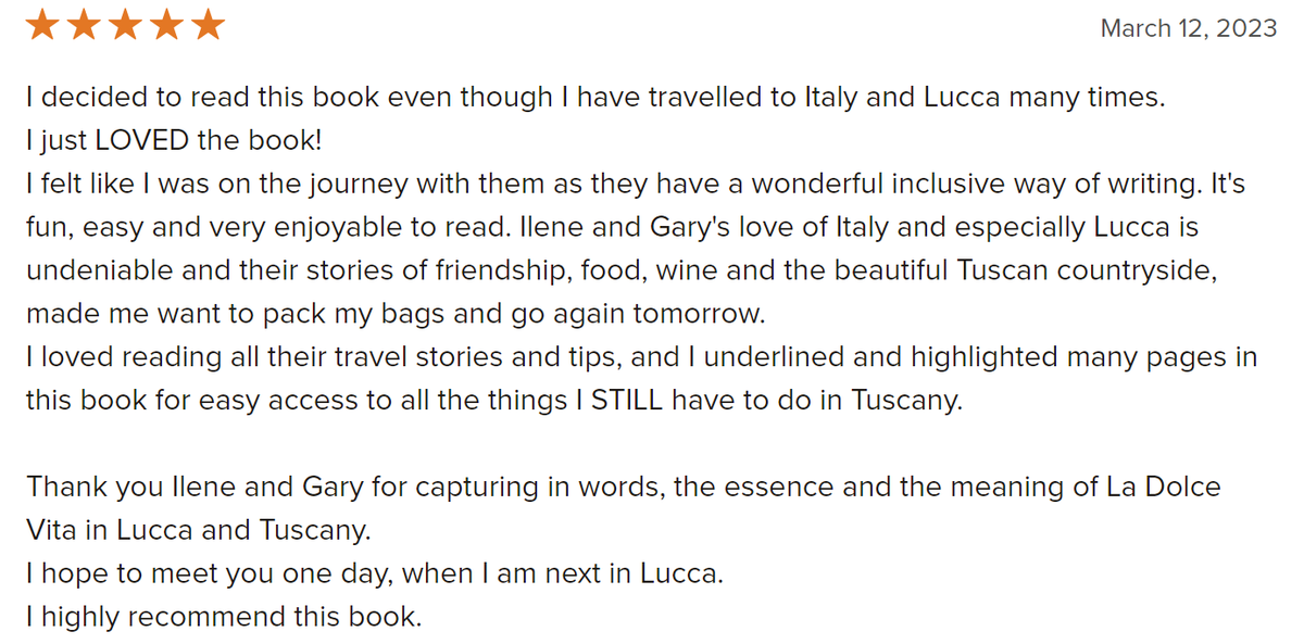 ModicaIlene's tweet photo. Thank you Lou for the awesome 5-star review! We appreciate written reviews as it helps with ranking!
https://t.co/XuD5vD2bLq
#modicabooks #goodreads #Review #5starreview #italy #memoir #Readers #Travel #reviews #traveling #ouritalianjourney https://t.co/N7RQrLaBea