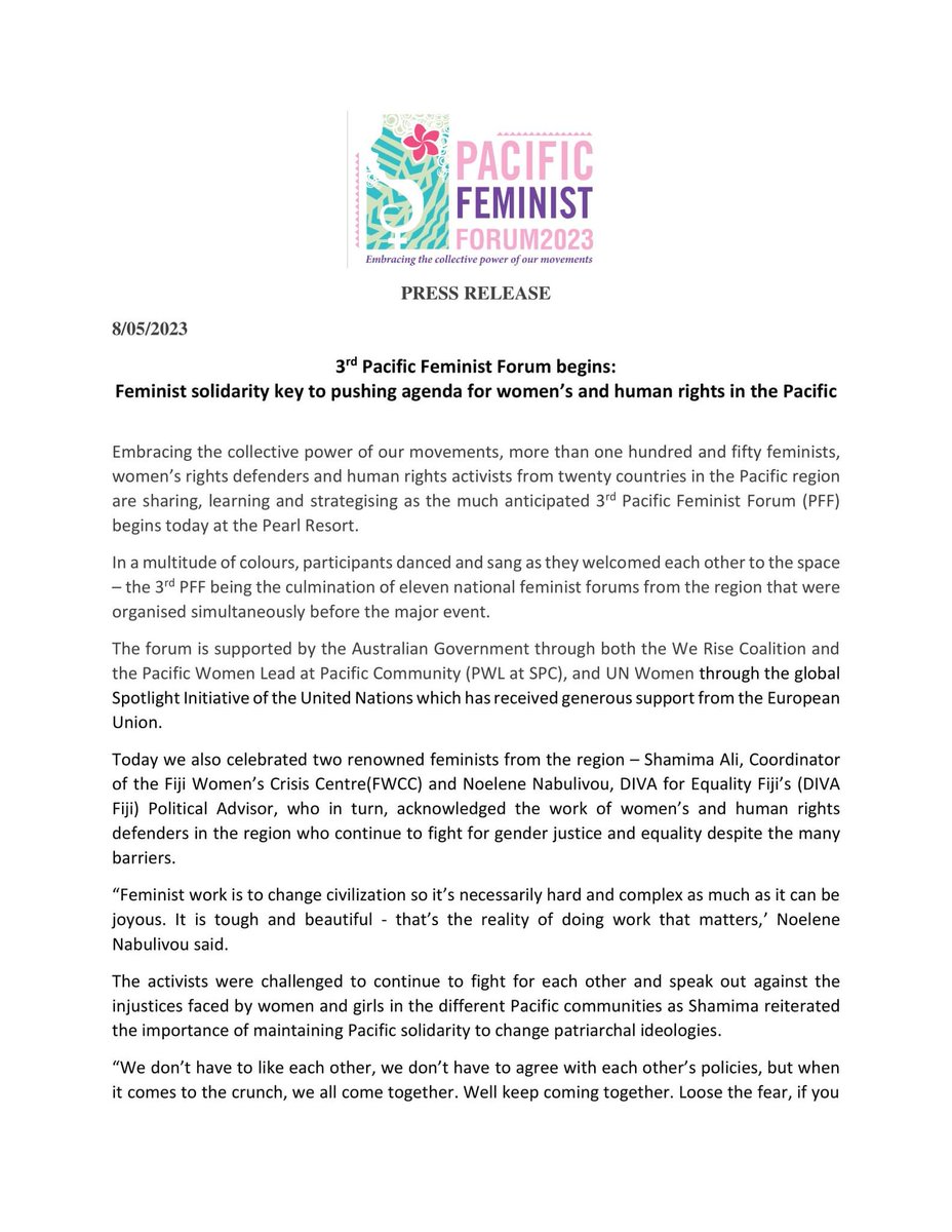 ForumPff's tweet photo. PRESS RELEASE:   
8/05/2023   
3rd Pacific Feminist Forum begins: Feminist solidarity key to pushing agenda for women’s and human rights in the Pacific 
Read more here: https://t.co/nw5krzYvlp
#PFF2023 #3rdPFF https://t.co/ix7OjneACm