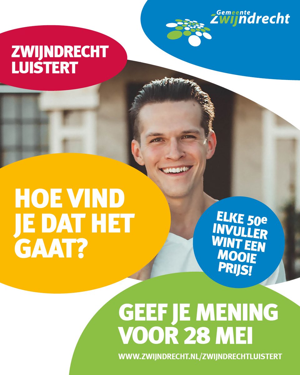 Hoe vind je dat het gaat in de gemeente Zwijndrecht? Laat ons weten: Wat gaat goed? Wat kan beter? Zwijndrecht luistert. Vul de vragenlijst in tussen 8 en 28 mei 2023. Het invullen kost je ongeveer 15 minuten én je kunt er nog iets leuks mee winnen ook. bit.ly/41dhDPt