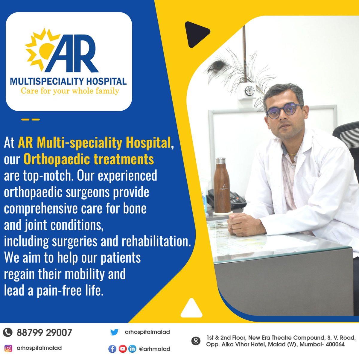 arhospitalmalad's tweet image. Get back on your feet with Dr. Shailesh Mishra's expert orthopaedic care at AR Multispeciality Hospital. 
For More Information call us on : 8879929007
Share your Review here : rb.gy/qd2kh

#orthopaedics #bonesurgery #jointreplacement #sportsmedicine #orthopedicsurgery