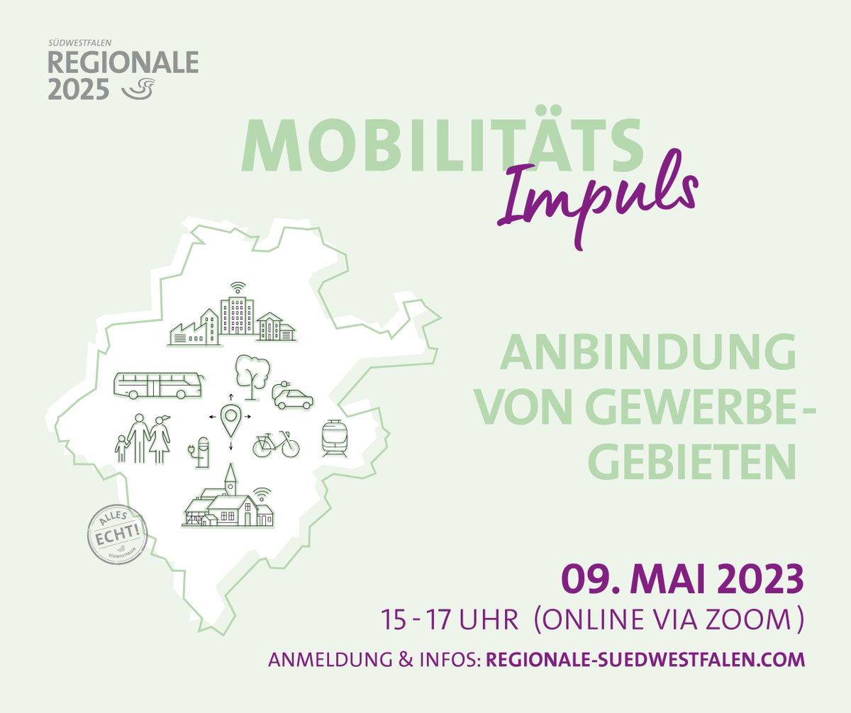 Die #Mobilitätsstrategie für #suedwestfalen soll Ende des Jahres stehen. Auf dem Weg dahin gibt es viele Beteiligungsformate. Morgen: Online-Impuls zur nachhaltigen Anbindung von Gewerbegebieten. 
#wirtschaft #regionale2025
👉Infos &amp; Anmeldung: regionale-suedwestfalen.com/mobilitaet/