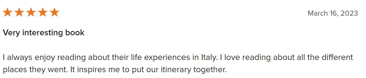 ModicaIlene's tweet photo. Thank you Ron Hill for the 5-star review on Goodreads! We appreciate written reviews as it helps with ranking!
https://t.co/XuD5vD2bLq
#modicabooks #goodreads #Review #5starreview #italy #memoir #Readers #Travel #reviews #traveling #ouritalianjourney https://t.co/RtJ5316wHL