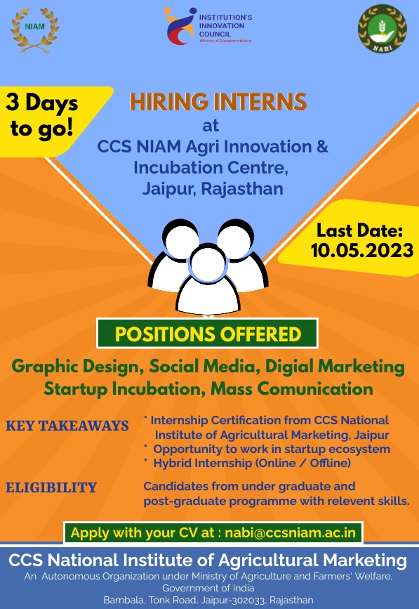 iefccsniam's tweet photo. CCS NIAM is inviting applications for Internship from profiles including Graphic Design, Social Media, Digital Marketing, Startup Incubation, and Mass Communication. Interested candidates may apply with their CV on - nabi@ccsniam.ac.in .
Last Date to apply - 10th May 2023 https://t.co/2cQj6HQJu9