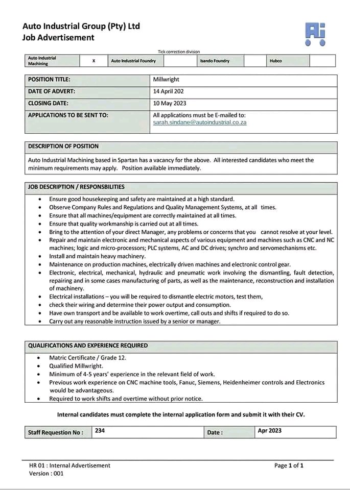 CarolBoitumelo1's tweet photo. We are hiring a Forklift Driver and a Millwright.

Closing Date 10 May 2023 https://t.co/Yvasfxf2Sq