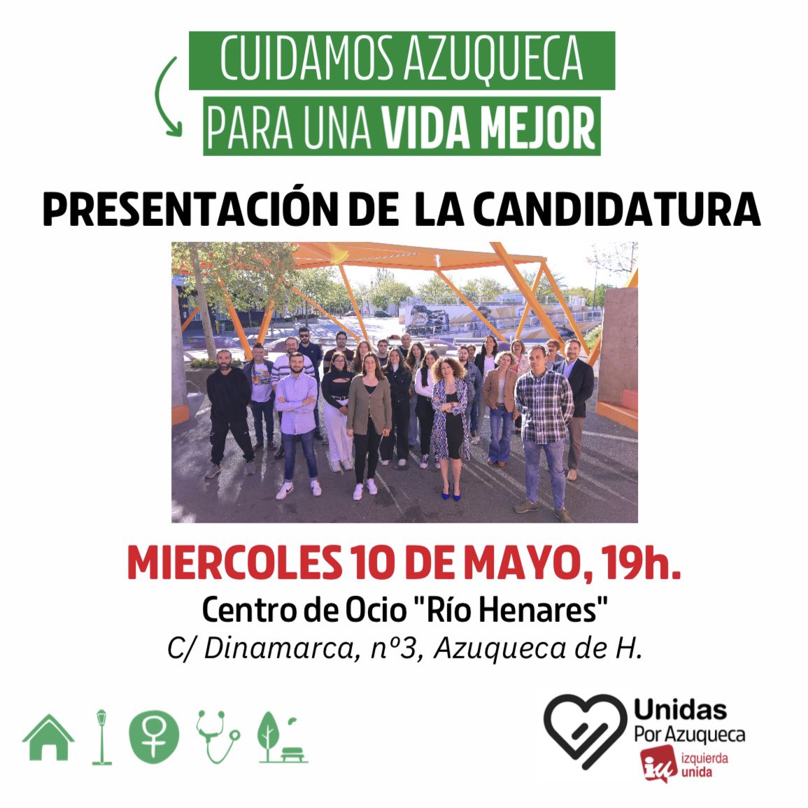 Anunciamos nuestro acto de presentación de la candidatura. 

🗓️ Miércoles 10.
🕖 19:00H.
📍 C/Dinamarca. Centro de Ocio “Río Henares”. 

🗣️ Intervención de nuestros candidatos junto a la ponencia de Juan Ramón Crespo (Coordinador de IUCLM) y Carlos Sánchez Mato.