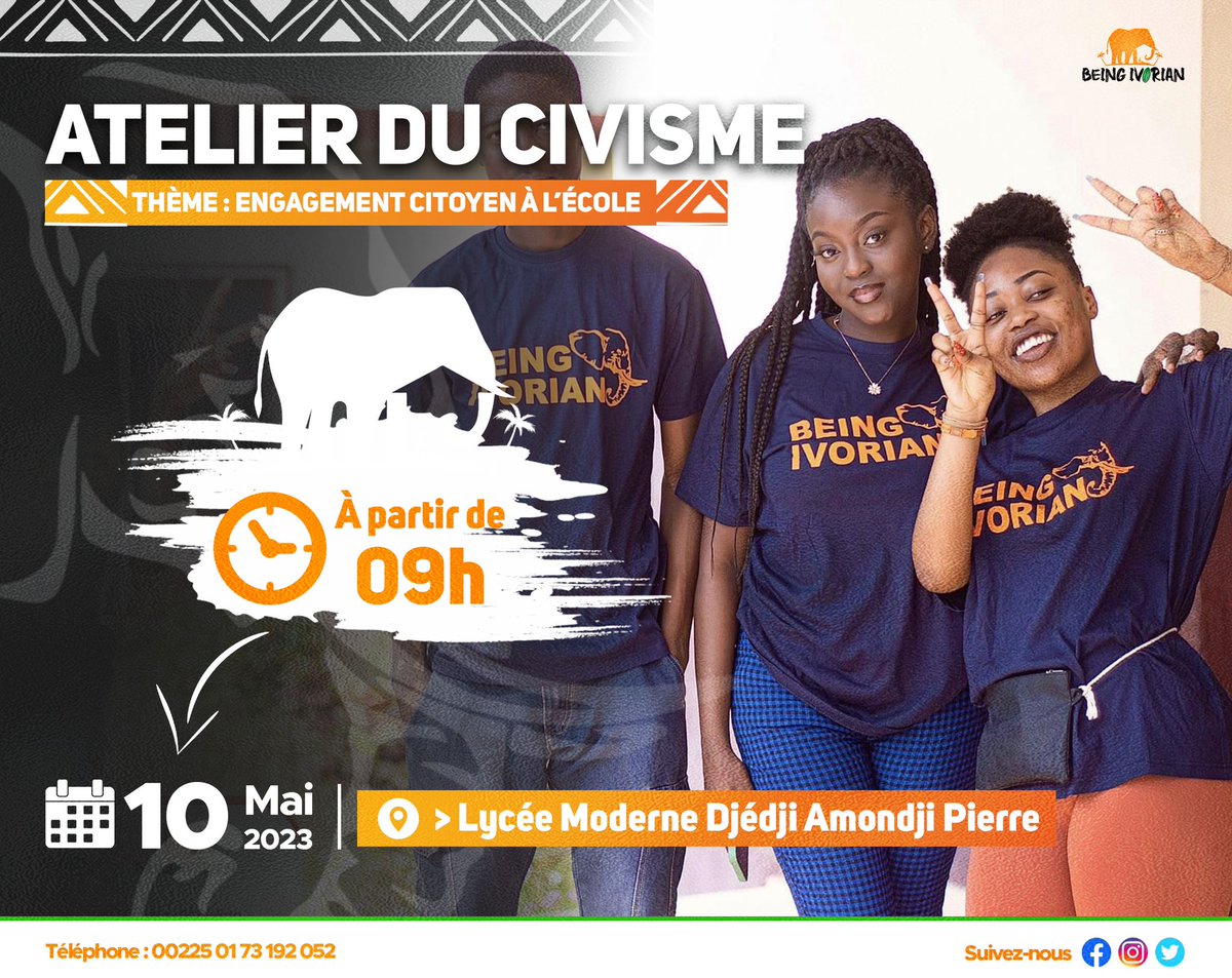 BeingIvorian's tweet photo. Good news ! 🎉

Ce mercredi nous serons à Adjamé au Lycée Moderne Djédji Amondji Pierre pour un atelier sur l’ Engagement Citoyen à l’école. 

#staytuned #beingivorian https://t.co/Vqsu7rsMKB