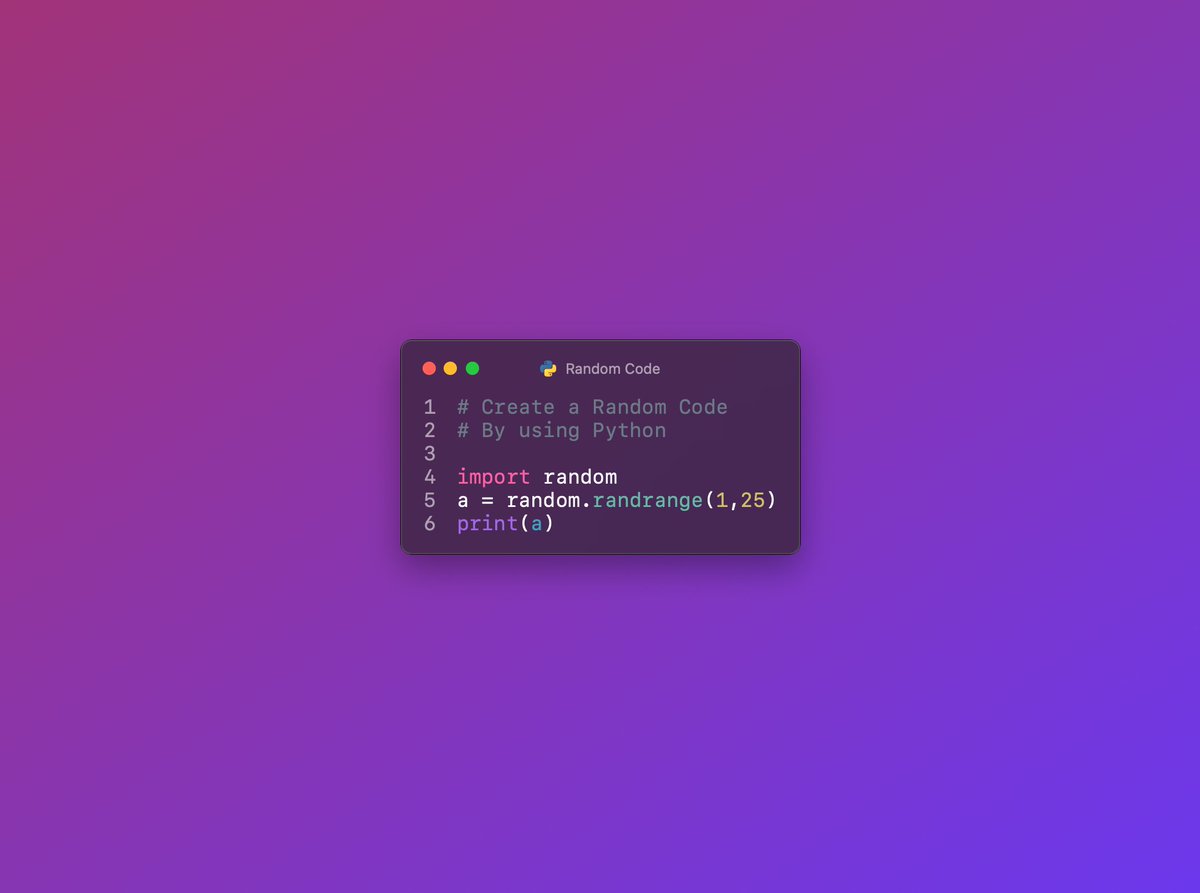 your_tahsinX's tweet photo. Generate a Random Code by using 3 Line Python Code

#100DaysOfCode #100daysofcodechallenge #100DaysOfPythonChallenge #Python #programming https://t.co/ASviMwMBjR