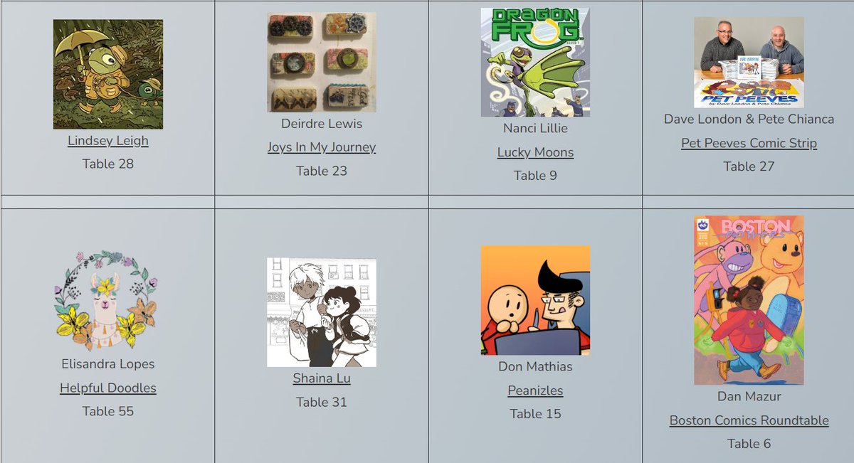 Today's featured exhibitors are amazing creators! Meet <a href="/linseedling/">lindsey leigh🐌</a>, Deirdre Lewis, <a href="/RealDragonFrog/">Dragon Frog 💜🐲🐸</a> <a href="/PetPeevesComic/">Pet Peeves</a>, Elisandra Lopes,  Shaina Lu, <a href="/Peanizles/">Don Mathias Jr.</a> (Don Matthias), and <a href="/DanMazurComics/">Dan Mazur</a> of <a href="/BostonComics/">BostonComicsRoundtbl</a>. Learn more about them on our website! bostonkidscomicsfest.org/2023-exhibitor…