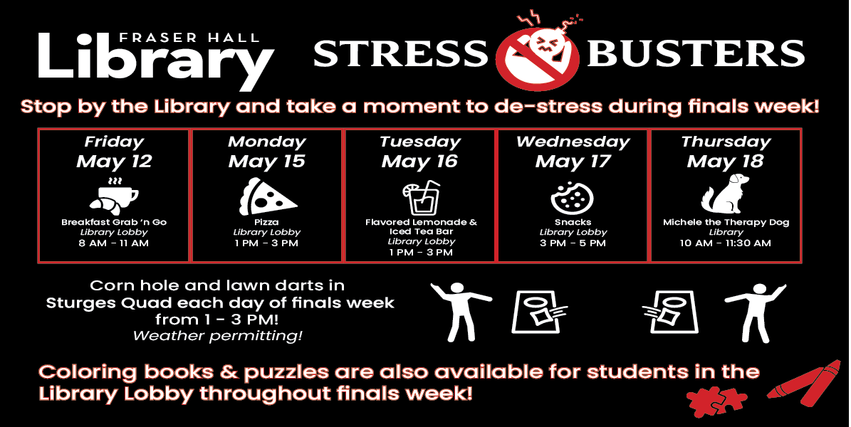 Milne_Library's tweet photo. #geneseo Take a break! Brief breaks rejuvenate learners and allows them to return to studying with heightened concentration. #FraserHallLibrary is gearing up to help you make it through finals with Stressbusters programming and here’s what we’re busy planning. https://t.co/K2iVHfl5fx