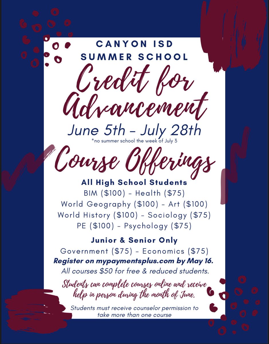 RandallRaiderHS's tweet photo. 🔊 Summer Credit for Advancement opportunities! To register submit payment using https://t.co/w30HNr2HtU by May 16th. https://t.co/weBOuuHii0