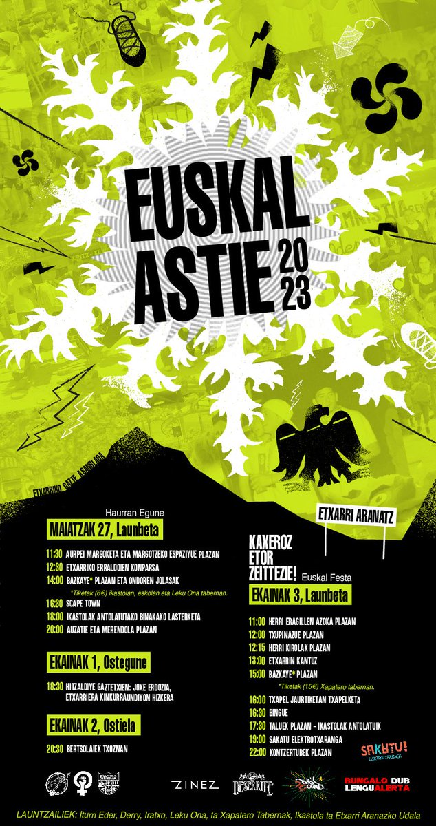 EtxarriGazte's tweet photo. 💥 EUSKAL ASTIE 2023💥
Aupa peña! 👹👹

Hemen dakazubie aurtengo Euskal Asteko programa. 🎉🎉🎉

Animetu zeittezie 💃🏻 ta goguatu...

... EUSKIAS HAZI, BIZI TA DISFRUTETU 🗣️���‍🔥💬

Izen gazte, bizi aske!

👹EGA👹 https://t.co/P98rYmHxwQ