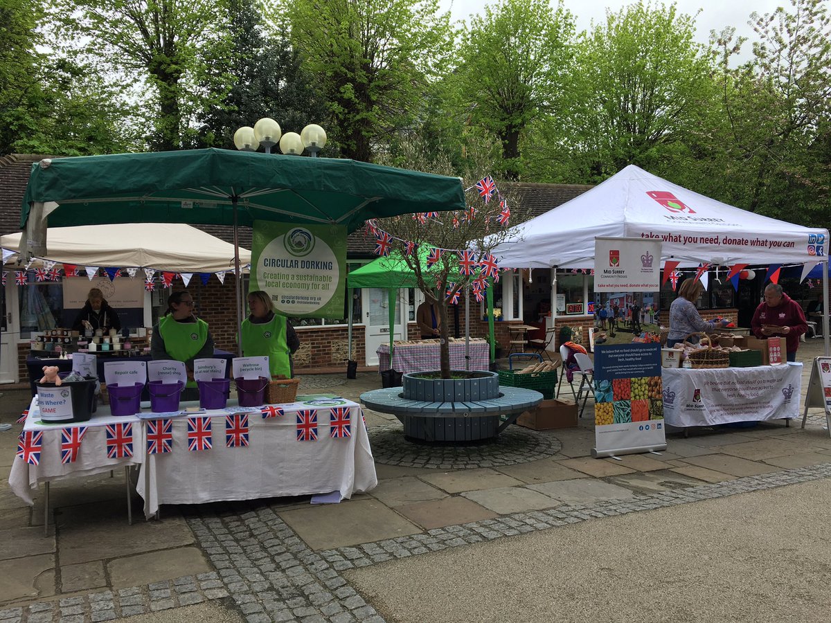 All set up and ready to go in the #VolunteerVillage and #SustainableMarket in St Martin’s Walk at today’s @HelloDorking #DorKingCoronation #BigHelpOut celebration in #Dorking! 😃