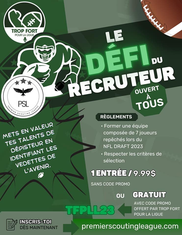 TFPLLFootball's tweet photo. 𝗟𝗲 𝗱𝗲́𝗳𝗶 𝗱𝘂 𝗿𝗲𝗰𝗿𝘂𝘁𝗲𝘂𝗿 📝

TFPLL vous offre de vous inscrire gratuitement dès maintenant avec le code promo TFPLL23 jusqu'à l'épuisement des 50 coupons. 

Inscrivez-vous dès maintenant sur :
https://t.co/FOUl9CYoYN
Avec le code promo :  𝗧𝗙𝗣𝗟𝗟𝟮𝟯

#NFLDraft https://t.co/v23ePpJf3O