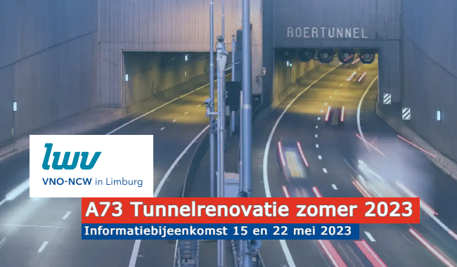 Deze zomer start de A73 tunnelrenovatie. Wil je meer te weten komen over de werkzaamheden, planning en gevolgen daarvan? Kom dan naar één van de informatiebijeenkomsten op 15 en op 22 mei bij de LWV in Roermond. Erbij zijn? Mail naar bijeenkomsten@lwv.nl
