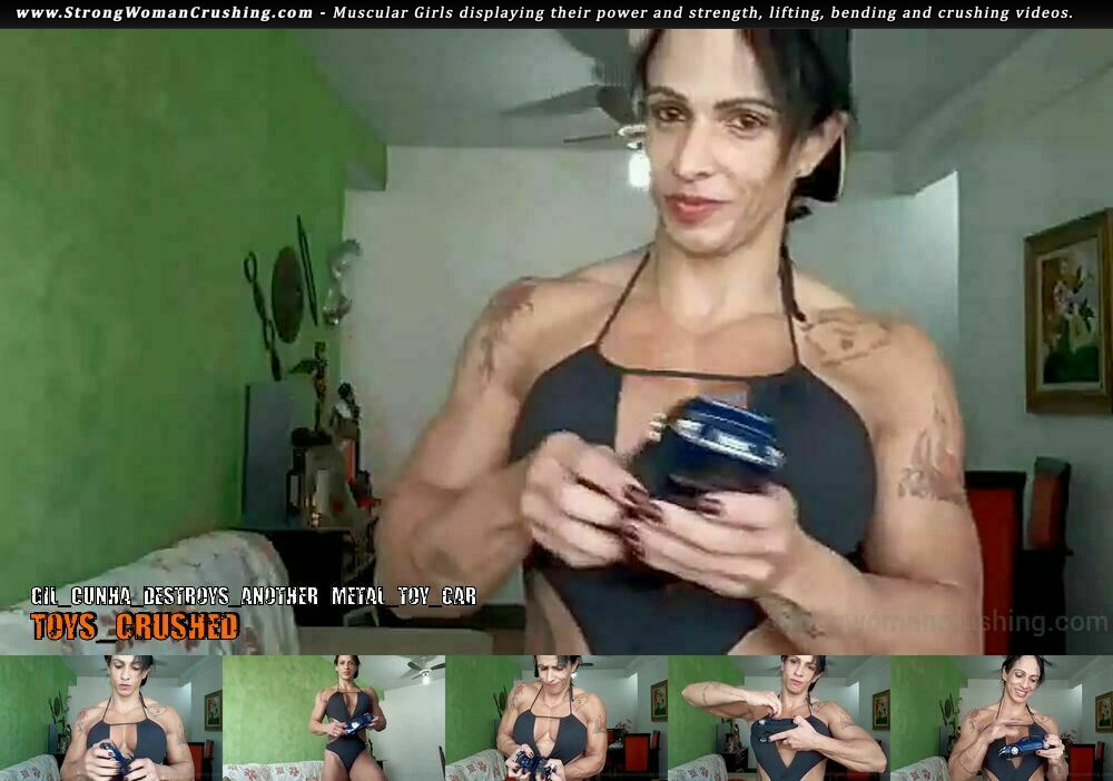 CrushingWoman's tweet photo. Gil Cunha destroys another metal toy car-20230508-102501 #ToysCrushed #featsofstrength #筋肉女子 #Donnaforte #muscledoll https://t.co/VT011KCr2q https://t.co/TdZNcK3v8T