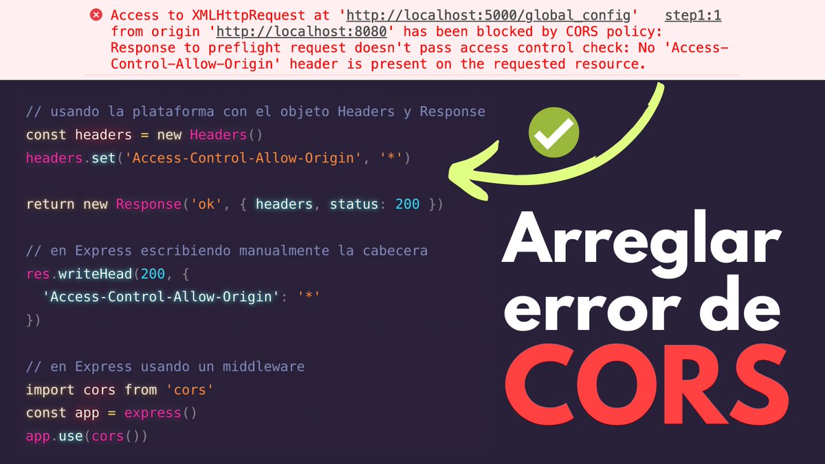 ¿Cómo se arregla el error de CORS? Te explico:

CORS es una medida de seguridad para evitar que una web pueda acceder a recursos ubicados en un dominio diferente al de la página web actual.

Son las siglas de Cross-Origin Resource Sharing.

El "arreglo" siempre se tendrá que
