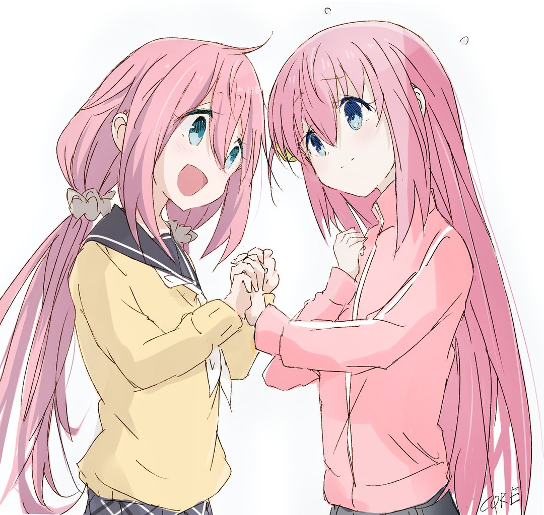 gotou hitori ,kagamihara nadeshiko pink hair multiple girls 2girls long hair school uniform crossover pink jacket  illustration images