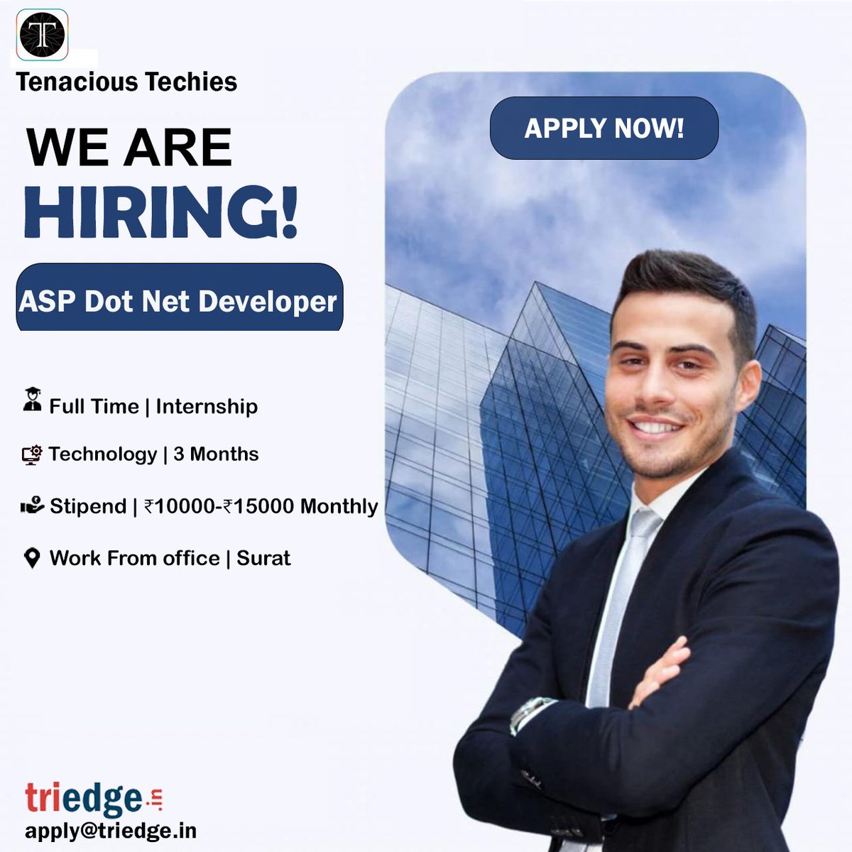 Triedge_in's tweet image. Tenacious Techies is hiring interns for ASP Dot Net Developer role.
Interested candidates may send their resumes at apply@triedge.in.
#hiring #aspdotnetdeveloper #internship #triedge