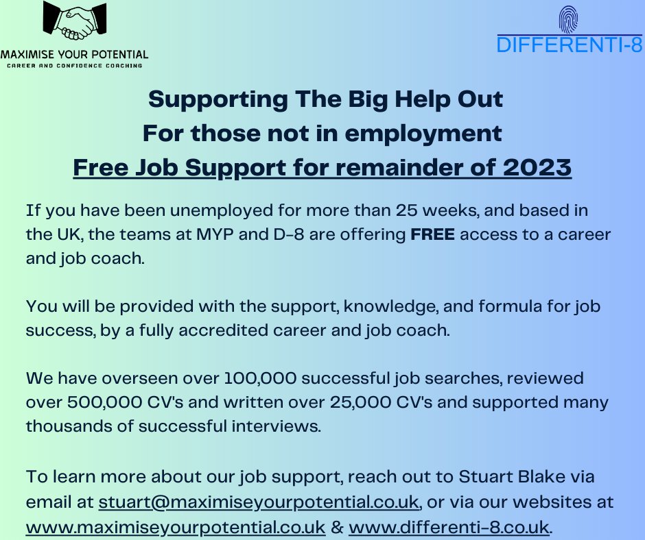 Its an honour to support the Big Help Out
If you are based in the UK and been unemployed for over 25 weeks, GET IN TOUCH NOW
Follow us daily for up to date job and interview tips via instagram.com/differenti_8_w…